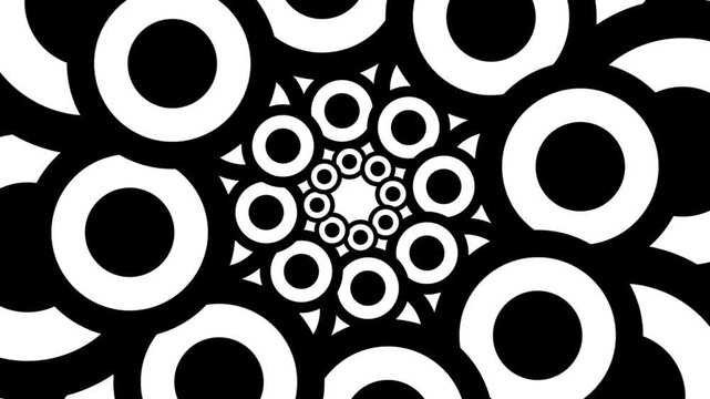 Monochromatic geometric mandala patterns made of concentric rings rotating in a seamless loop.