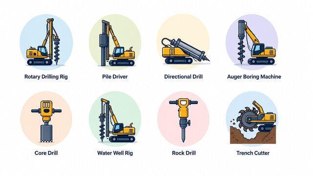 Heavy construction drilling rig machinery flat icon set.