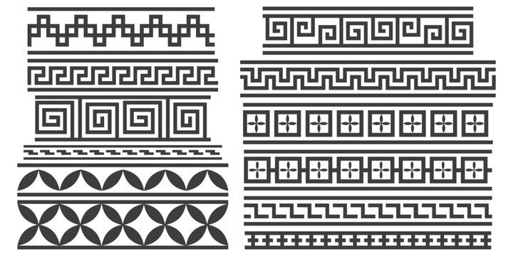Greek key ornament with roman pattern. Vector ancient geometric decorations set on white background. Borders with meander wavy elements and antique ethnic motif. Seamless ornamental stripes collection