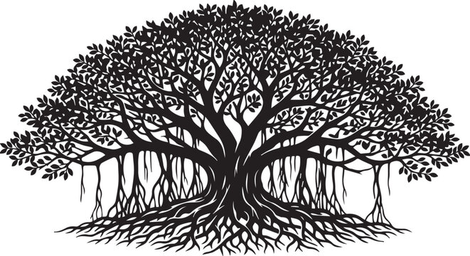 Black tree silhouette icons set, minimalist nature vector elements, collection of 4 botanical plant symbols including oak pine palm and bonsai