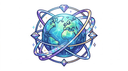 Stylized Earth with Orbiting Rings and Gems. © garen