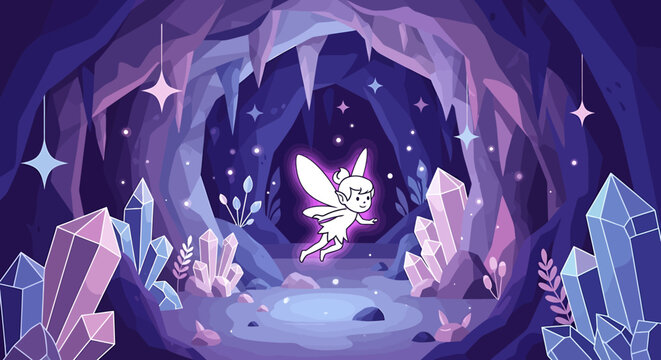 Fairy with wings in cave.