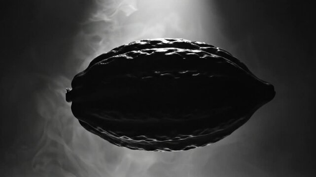 Dramatic slow-motion of a cacao pod illuminated by a spotlight against a smoky background