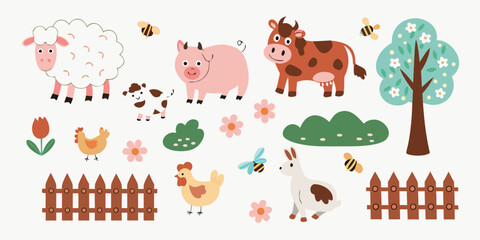 Cartoon Farm Animals And Floral Elements Vector Illustration © Dilip