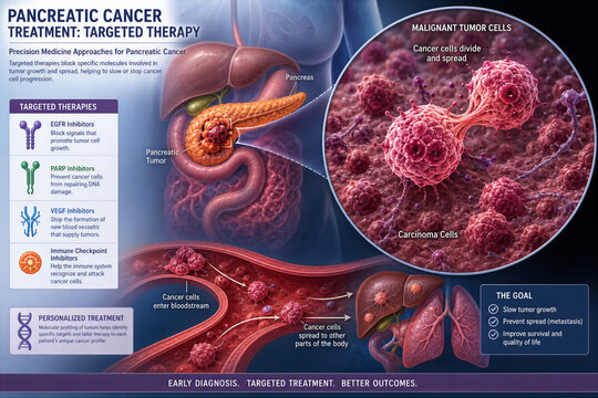 Pancreatic cancer treatment targeted therapy illustration showing pancreas malignant tumor cells dividing and spreading carcinoma diagnosis precision medicine EGFR PARP VEGF immune checkpoint
