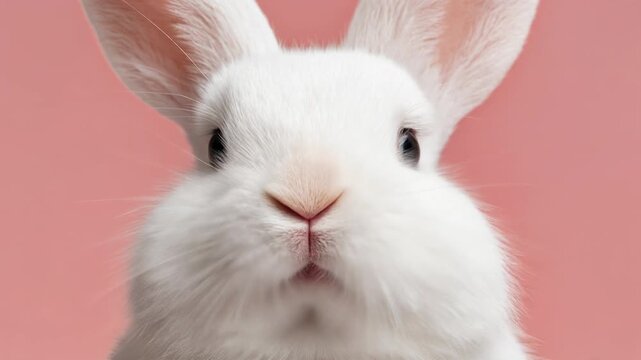 Cute fluffy white rabbit close up with chubby cheeks on soft pink background adorable pet portrait