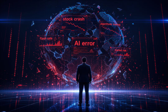 Solitary business person facing fractured holographic data sphere displaying AI error stock crash algorithmic trading flash sale market risk digital collapse financial technology threat