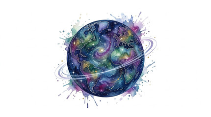 Watercolor galaxy planet with rings and splashes. © garen