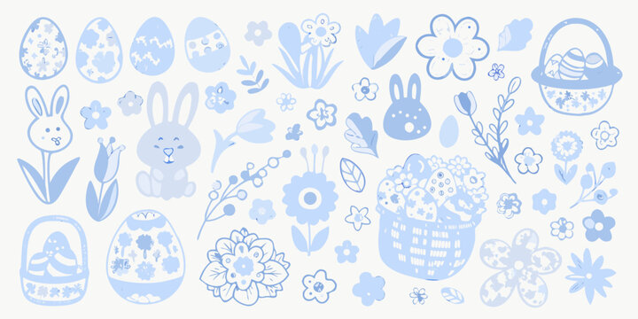 Easter themed floral ornament and rabbit illustration in light blue line art