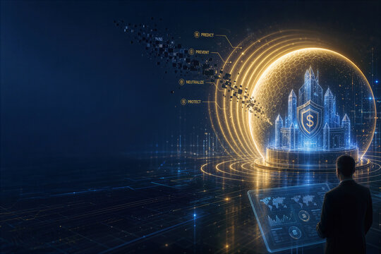 Preemptive cybersecurity AI deployment protecting digital fortress and financial security crystalline core with predictive golden shield neutralizing pixelated threats regulator silhouette
