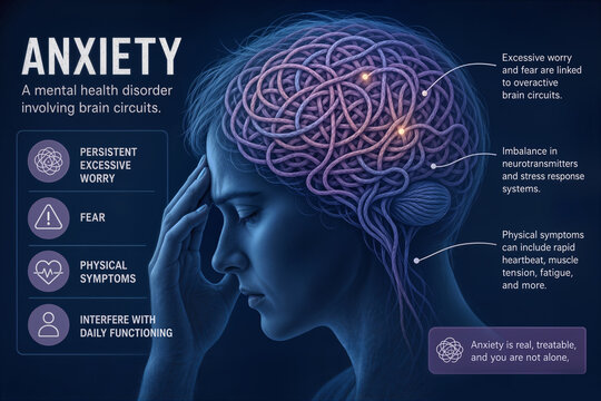 Anxiety diagnosis persistent excessive worry fear physical symptoms interfering with daily functioning mental health disorder involving brain circuits represented by tangled string infographic