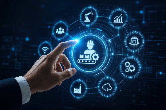 Hand selecting digital manufacturing icon with futuristic hologram interface Industry 4.0 smart factory automation human machine interaction