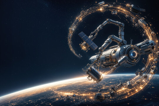 Orbital debris recovery milestone autonomous spacecraft with robotic arms capturing defunct satellites forming glowing spiral circular space economy sustainability concept