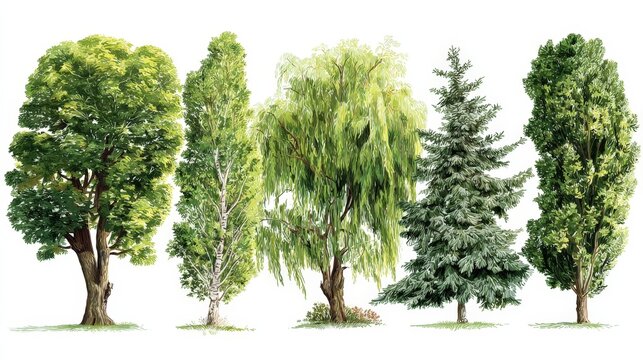 Five distinct trees stand tall against a clean white background. Each tree has unique shape, foliage, and bark texture. From broadleaf to coniferous, they represent diverse woodland species