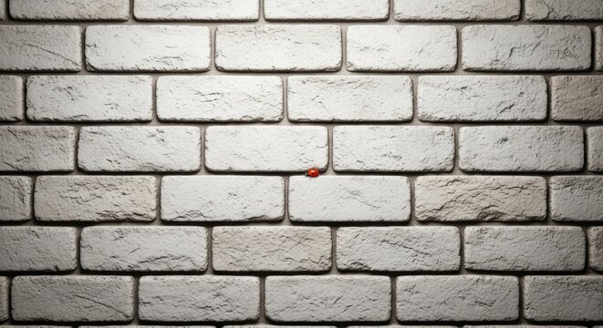 A panoramic eye level view of a light washed brick wall with a tiny red ladybug resting on the textured surface