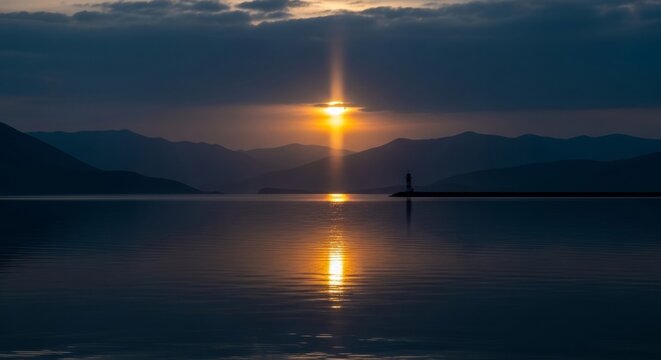 Vast lake landscape at sunset featuring a distant lighthouse silhouette and a vertical golden light pillar