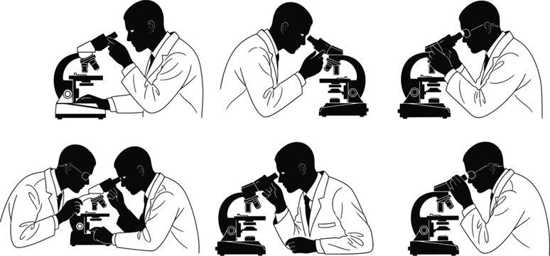 Six silhouettes of a scientist using a microscope black and white vector illustration