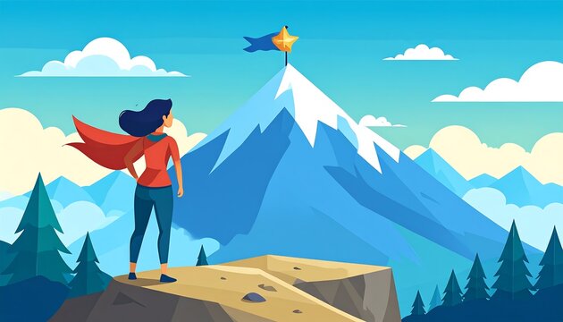 Woman at mountain peak, gazing at flag atop snowy mountain with trees, clouds and blue sky background