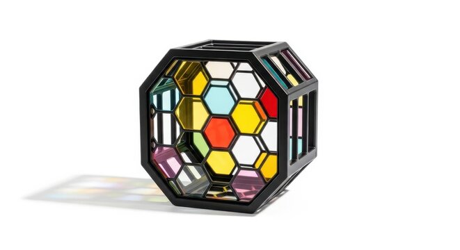 Geometric puzzle cube, colorful hexagons, 3D brain teaser, black frame