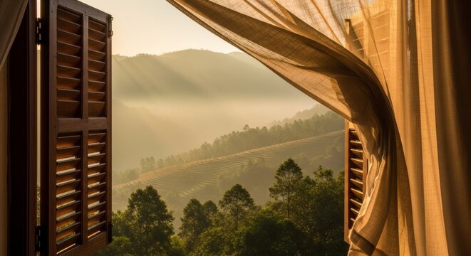 A serene view through an open wooden window with flowing linen curtains overlooking a misty sun drenched valley at dawn