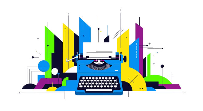 Retro typewriter in colorful abstract city