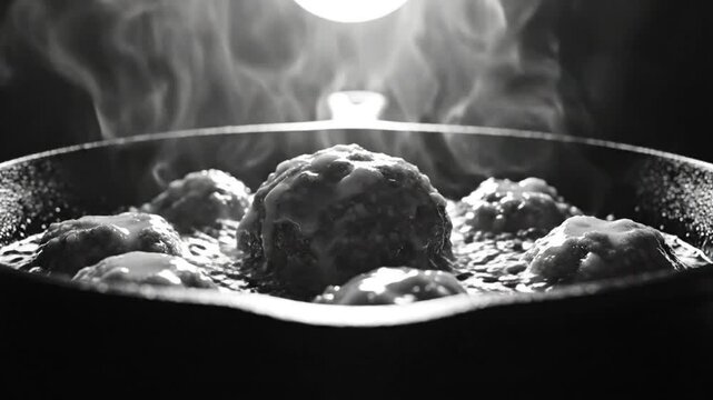 Black and white close up of meatballs sizzling in a hot skillet with steam rising in dramatic lighting