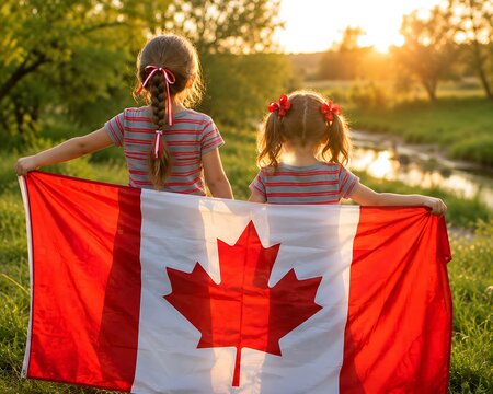 Two people holding canadian flag outdoors in a sunny field