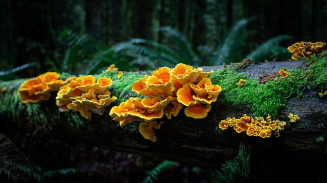 Fungi, Mushroom, Moss, Forest, Log, Nature, Orange, Woodland, Decay and Ecology Scene Featuring Vibrant Shelf Fungi Growing on Fallen Tree Trunk in Lush Green Wilderness