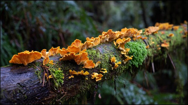 Fungi, Mushroom, Moss, Forest, Log, Nature, Orange, Woodland, Decay and Ecology Scene Featuring Vibrant Shelf Fungi Growing on Fallen Tree Trunk in Lush Green Wilderness