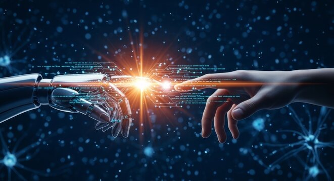 Side view of a metallic robot hand and a human hand nearly touching in a dark blue digital environment with glowing orange light
