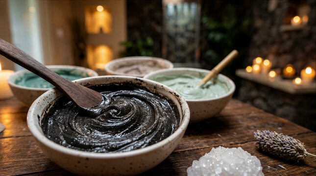 Preparing for spa treatments, a close-up of clay bowls and salt crystals on a table in a spa salon, therapeutic treatments and skin and body care, copy space for text