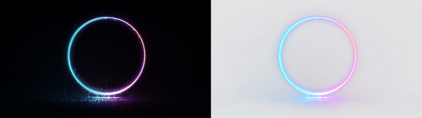 Obraz premium Colorful glowing circle isolated on transparent and black background, with light effects