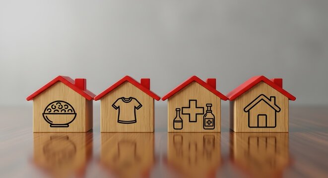 Four wooden house blocks with icons for food, clothing, medicine, and home