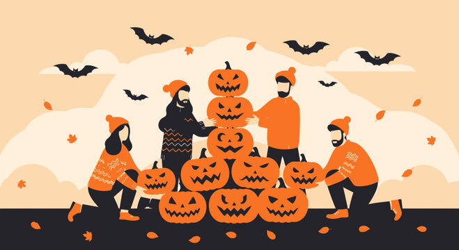 Happy People Building Tall Pumpkin Stack for Halloween Celebration Outdoors