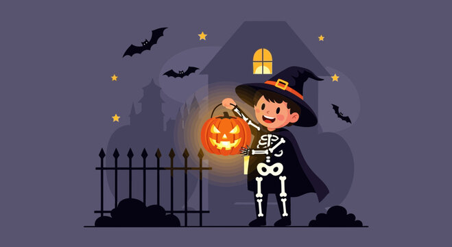Image 6: Happy Skeleton Child with Pumpkin Lantern at Night, Halloween Celebration