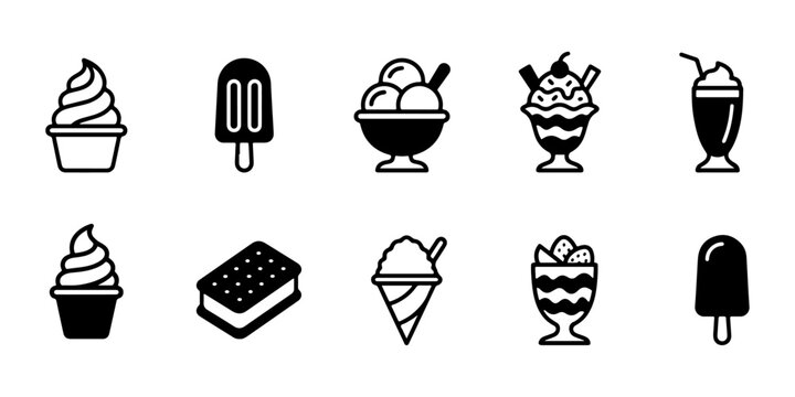 Ice cream icon set mixed soft serve sundae popsicle sandwich milkshake for dessert app