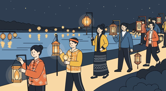 People celebrating festival with lanterns at night by the water