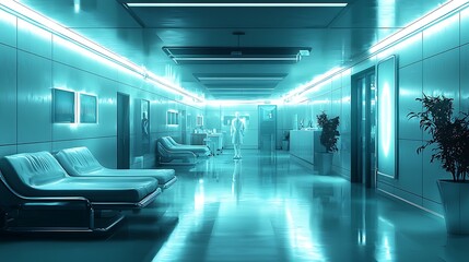 Obraz premium Futuristic sterile medical hallway with empty waiting room couches and illuminated panels