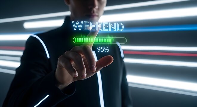 Man's finger touches futuristic weekend loading bar at 95%