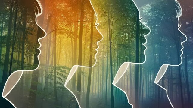 Dreamy multicolored forest with overlapping translucent diverse people profiles artistic nature background