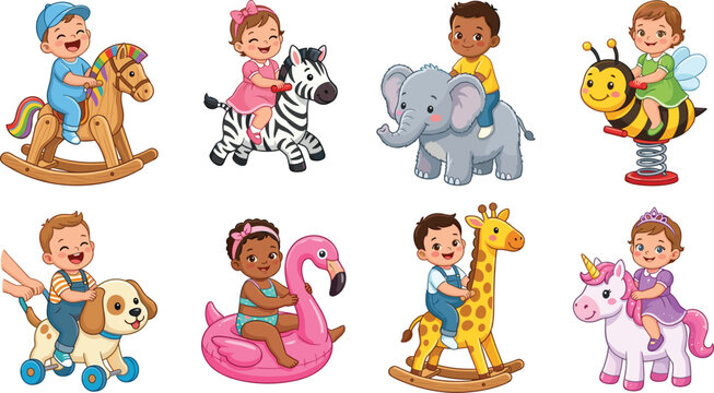 Cute Cartoon Baby Character Vector Set with Diverse Toddlers Riding Playground Animal Toys Rocking Horse Unicorn Giraffe Flamingo Float and Bee Rider