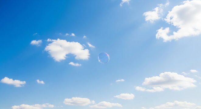 Vibrant cerulean sky with white puffy clouds and a single iridescent soap bubble