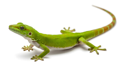 Fototapeta premium A vibrant green lizard with a long tail is standing on a white surface