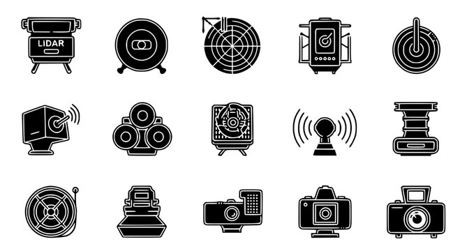 Lidar scanning and professional photography equipment vector solid icons for surveying and imaging technology applications