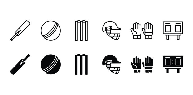 Cricket icon set vector collection with bat ball stumps helmet gloves scoreboard outline and solid style
