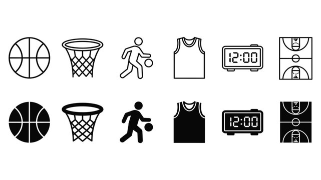 Basketball icon set vector with ball hoop player jersey scoreboard court outline and solid style
