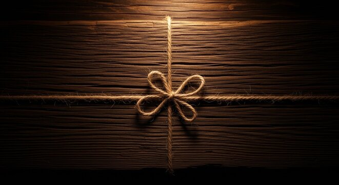 Macro overhead shot of a dark weathered wooden surface with a length of rough tan jute twine