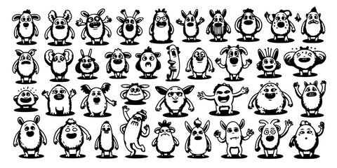 Obraz premium Cow Character Doodles Set of Cute Cartoon Farm Animals, Black-and-White Line Art on White Background