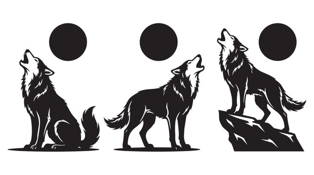 Set of three howling wolves silhouettes with full moons black and white graphic, silhouette