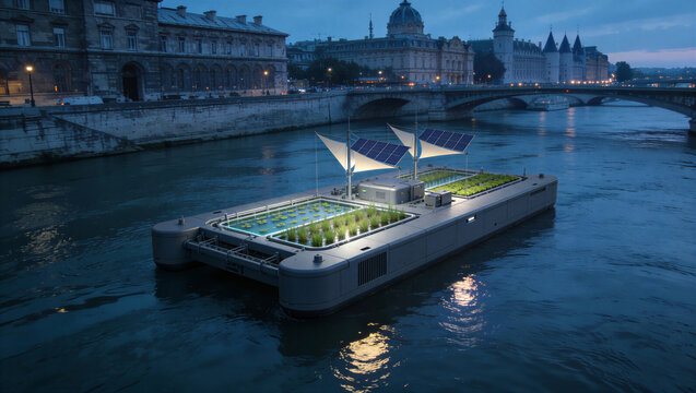 Sustainable solar-powered hydroponic farming barge floating on a city river at twilight, featuring modern agricultural water beds.